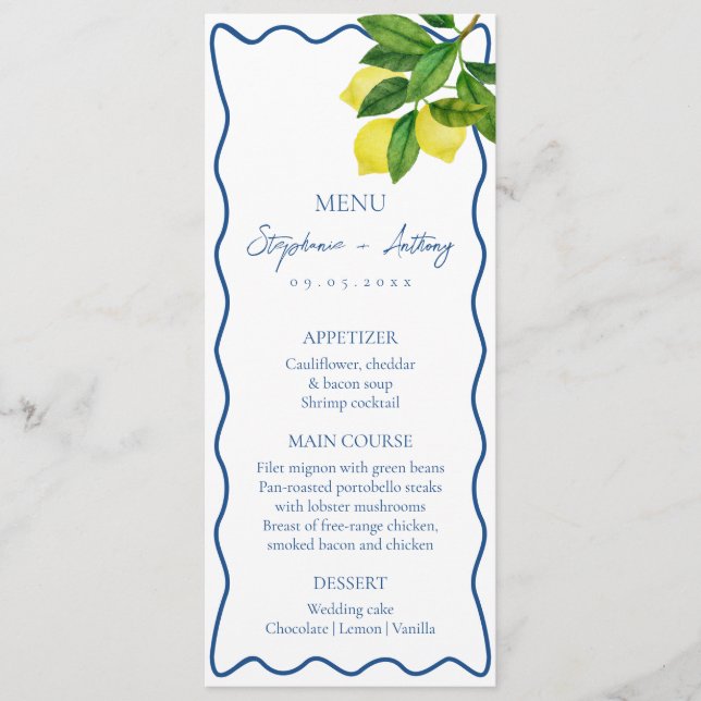 Monograms Lemon Citrus, Blue Wave Border Wedding   Menu (Front)