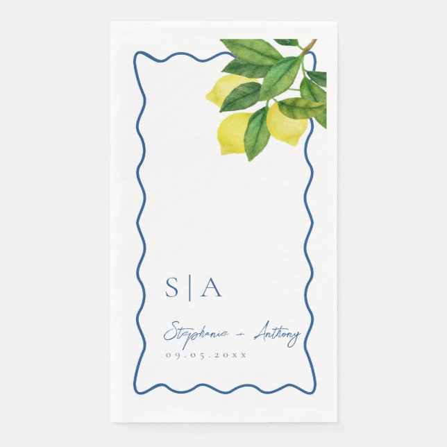 Monograms Lemon Citrus, Blue Wave Border Wedding   Napkin (Front)