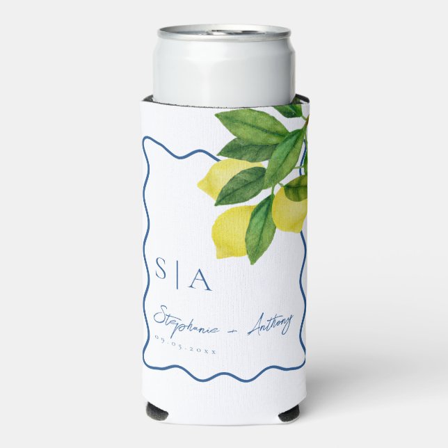 Monograms Lemon Citrus, Blue Wave Border Wedding   Seltzer Can Cooler (Seltzer Front)