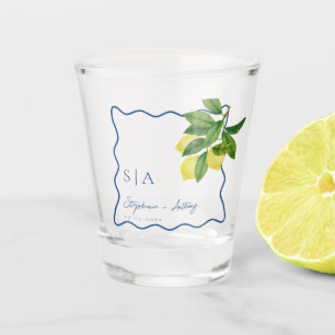 Monograms Lemon Citrus, Blue Wave Border Wedding Shot Glass
