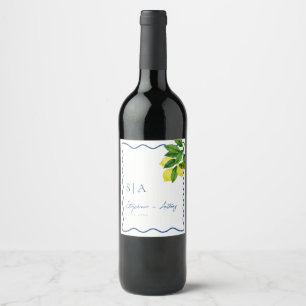 Monograms Lemon Citrus, Blue Wave Border Wedding   Wine Label