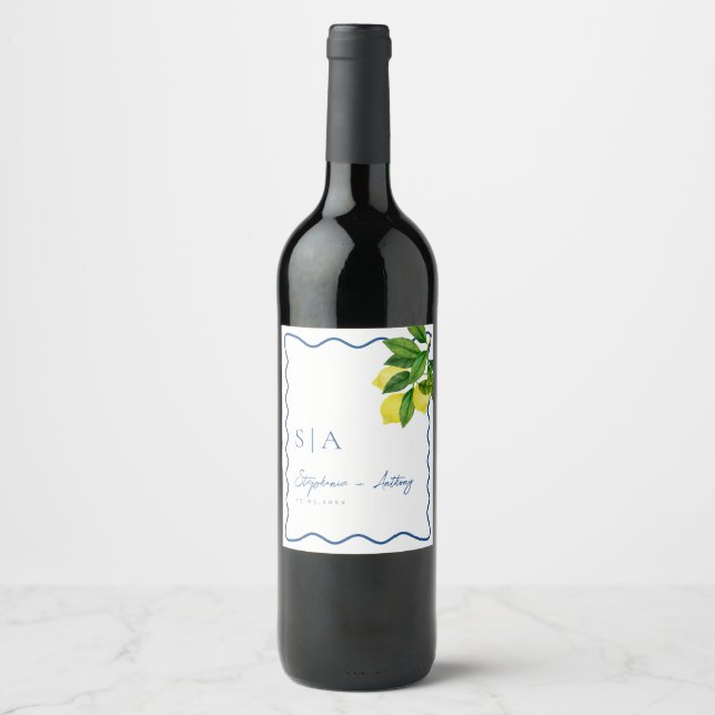 Monograms Lemon Citrus, Blue Wave Border Wedding   Wine Label (Front)