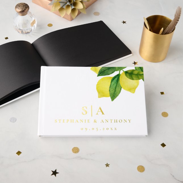 Monograms Lemon Citrus Branch Greenery Wedding    Guest Book (Front Open)