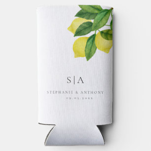 Monograms Lemon Citrus Branch Greenery Wedding Seltzer Can Cooler