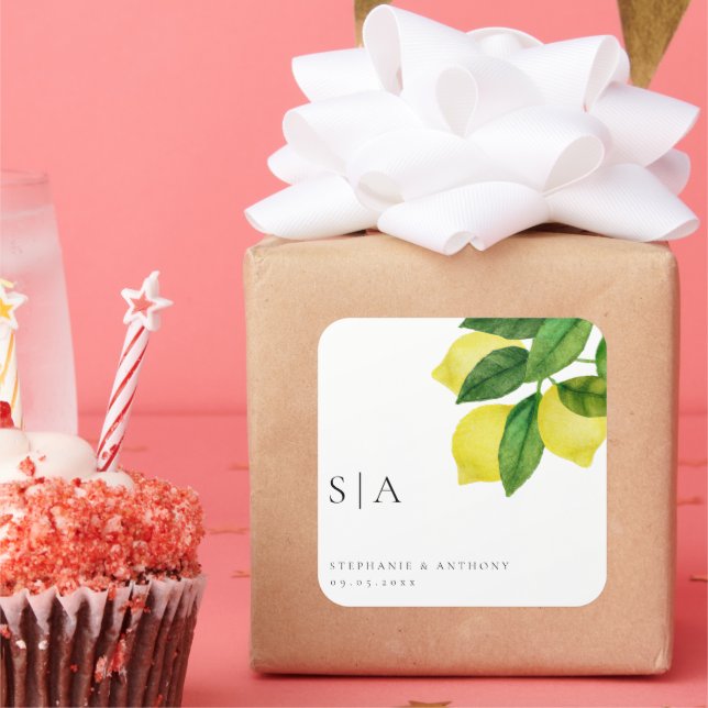 Monograms Lemon Citrus Branch Greenery Wedding  Square Sticker (Party)