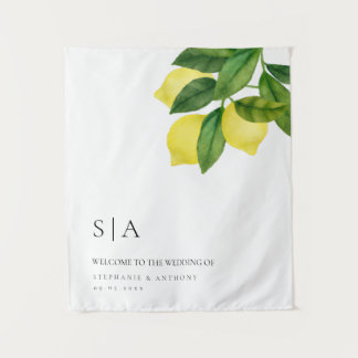 Monograms Lemon Citrus Branch Greenery Wedding  Tapestry