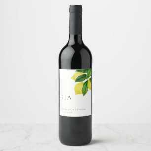 Monograms Lemon Citrus Branch Greenery Wedding Wine Label
