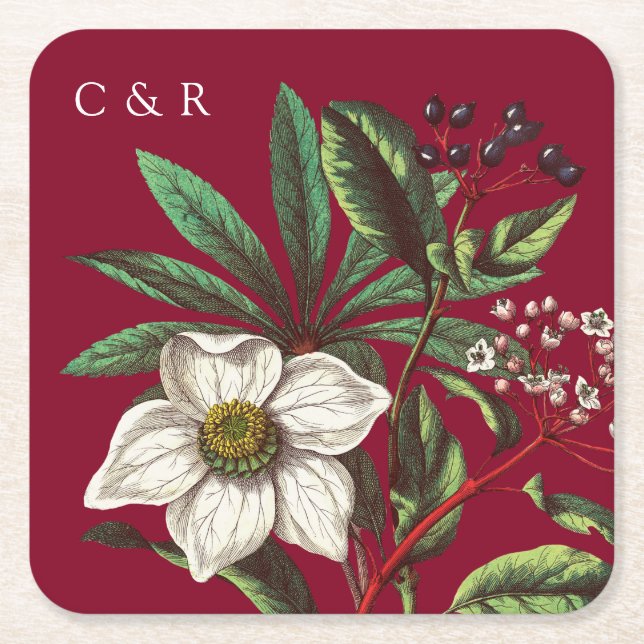 Monograms Modern Burgundy Red Christmas Rose  Square Paper Coaster (Front)