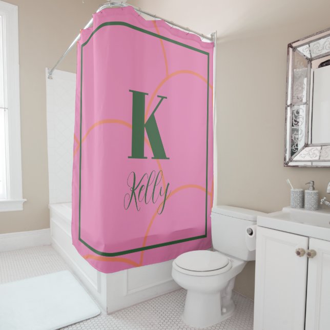 Monograms Name Hunter Green Pink Orange Retro Cute Shower Curtain (In Situ)