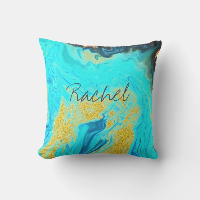 Monograms Teal Blue Golden Patterns Custom Name Cushion (Front)