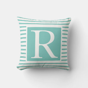 Monograms Teal Blue White Stripes Name Gift Favor Cushion