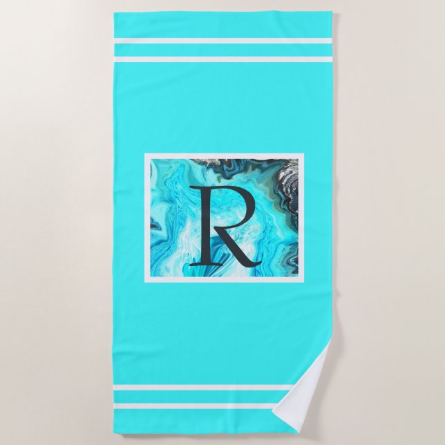 Monograms Teal White Stripes Agate Art Elegant Beach Towel (Front)