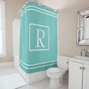 Monograms Teal White Stripes Custom Name Initial Shower Curtain