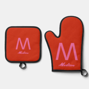 Monograms Wedding Gift Favour Colourful Pink Orang Oven Mitt & Pot Holder Set