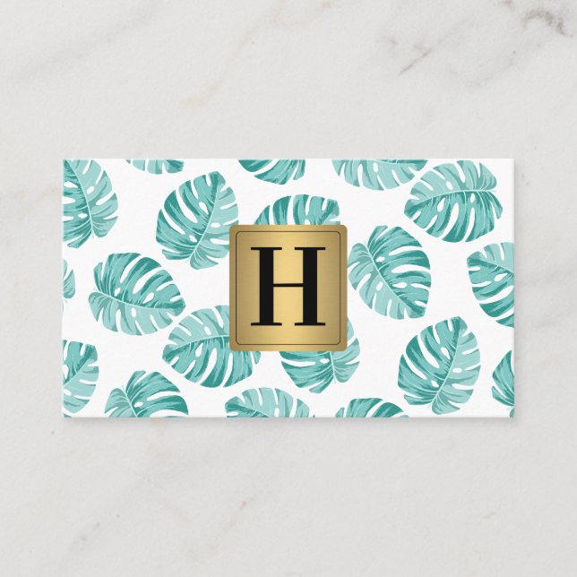 MonogramSilver Metallic / Monstera Leaf Pattern Business Card (Front)