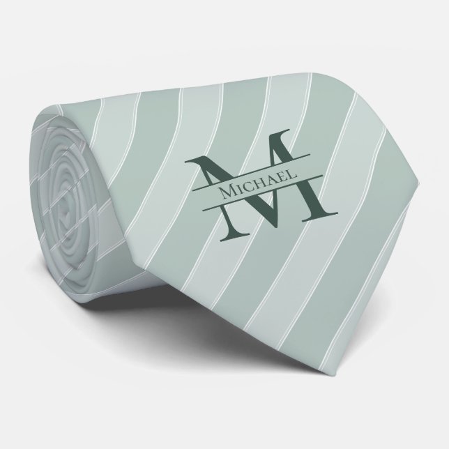 Monogran + Name Sage Green Stripe Tie (Rolled)