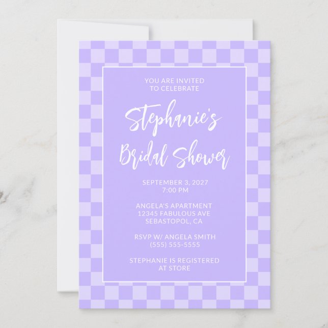Monotone Lavender Chequered Pattern Bridal Shower Invitation (Front)