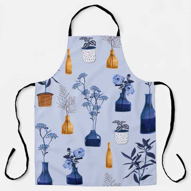 Monotone of modern flowers and vase ,pot  with bot apron (Front)