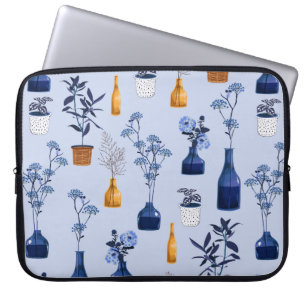 Monotone of modern flowers and vase ,pot with bot laptop sleeve