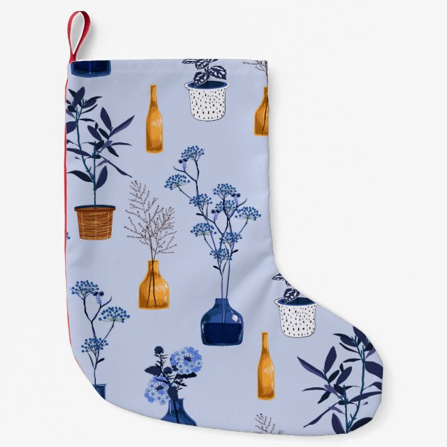 Monotone of modern flowers and vase ,pot  with bot small christmas stocking (Front)