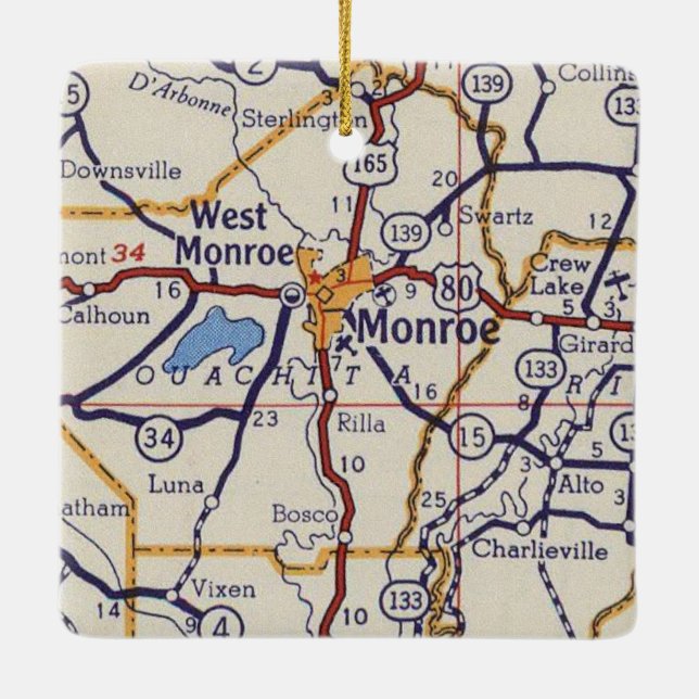 Monroe LA Vintage Map Ceramic Ornament (Back)