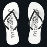 MONSIEUR - Fun Typography w Moustache Flipflops<br><div class="desc">NewparkLane - Flipflops; with text 'MONSIEUR' in fun typography, and a groomed moustache. Against a grey and white striped pattern. Fun gift for him, as a Father's Day present, or for a groom for his destination wedding at the beach! His and her versions available! For her with text: MADEMOISELLE, in...</div>
