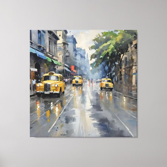 Monsoon Magic: Kolkata in the Rain - Oil Painting Canvas Print (Front)