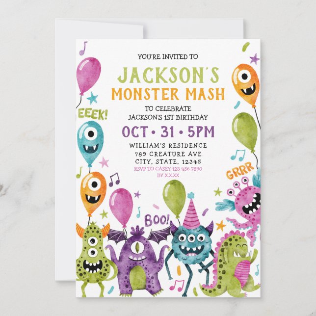 Monster 1st Birthday Boy's Halloween Party Invitation (Front)