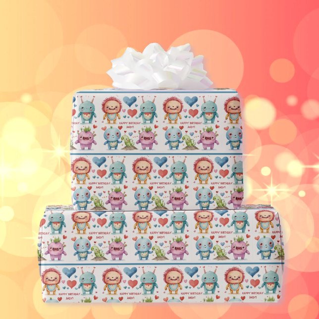 Monster Add Child's Name Cute Birthday Boy Girl Wrapping Paper (Creator Uploaded)