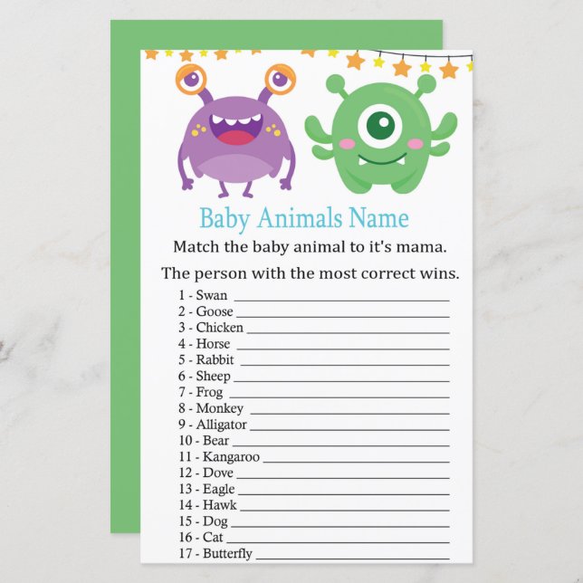 Monster Baby Animals Name Game (Front/Back)