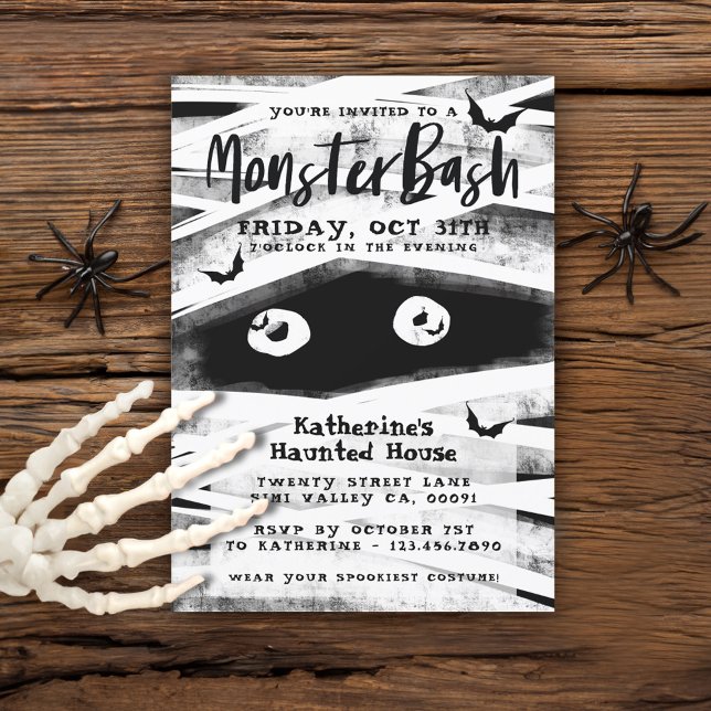 Monster Bash | Black & White Mummy Halloween Party Invitation (Monster Bash | Black & White Mummy Halloween Party Invitation)