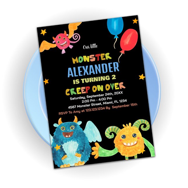 Monster Birthday Invitations WaterColour Black (Monster Birthday Invitations WaterColour Black)