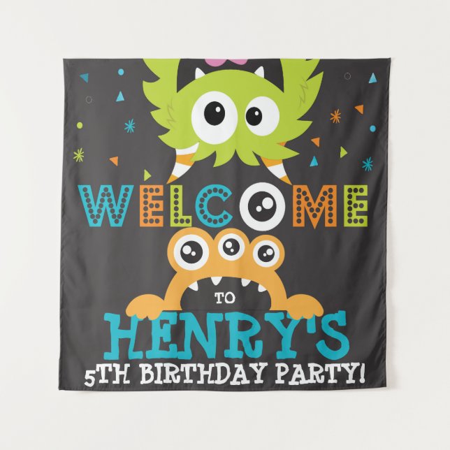 Monster Birthday Party Personalised Backdrop Tapestry (Front)