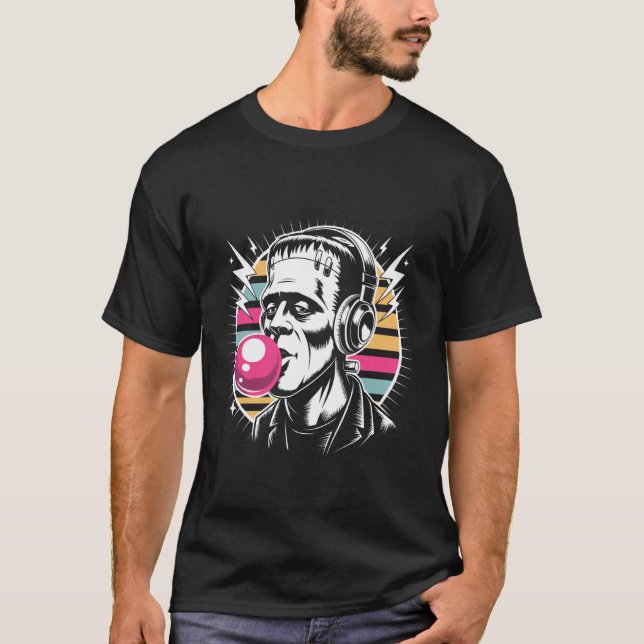 Monster Bubble Gum Frankenstein Skeleton Funny Hal T-Shirt (Front)