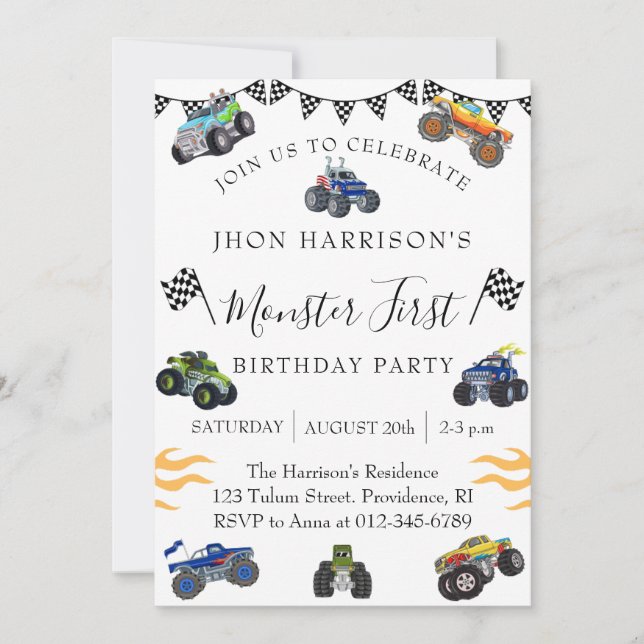 Monster Car Boy 1st Birthday Party Invitation (Front)