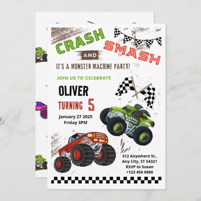 Monster Car Truck Kids Birthday Invitation Card (Front/Back)