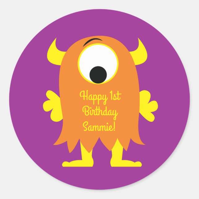 Monster Cute Funny 1st Birthday Party Theme Classic Round Sticker (Front)