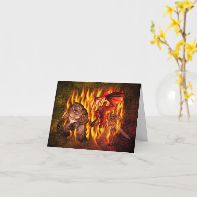 Monster Demon Gremlin Halloween Note Card (Yellow Flower)