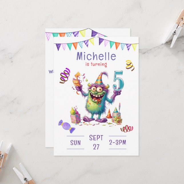 Monster Five Year Birthday Invitation (Front/Back In Situ)