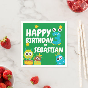 Monster Fun Three Year Old Birthday Personalised Napkin