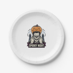 Monster Halloween Shirt with Pumpkin Moon Engravin Paper Plate
