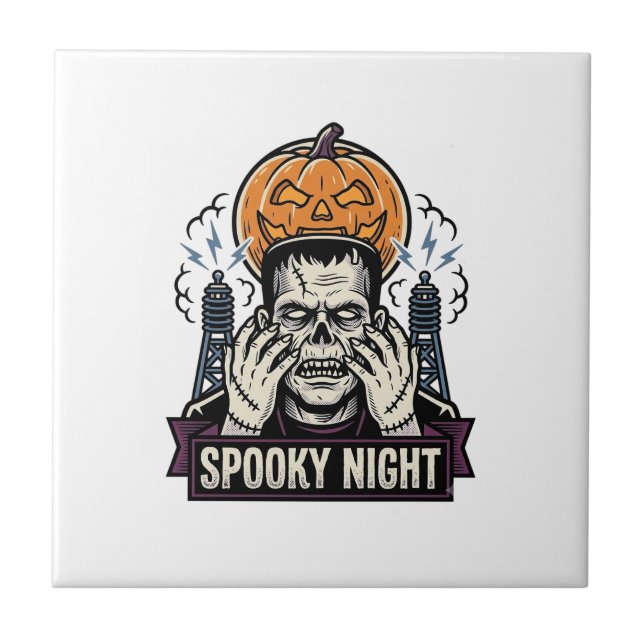 Monster Halloween Shirt with Pumpkin Moon Engravin Tile (Front)
