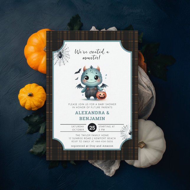 Monster Halloween Tartan Cute Coed Boy Baby Shower Invitation (halloween baby shower invitation monster watercolor character coed couple october fall plaid tartan)
