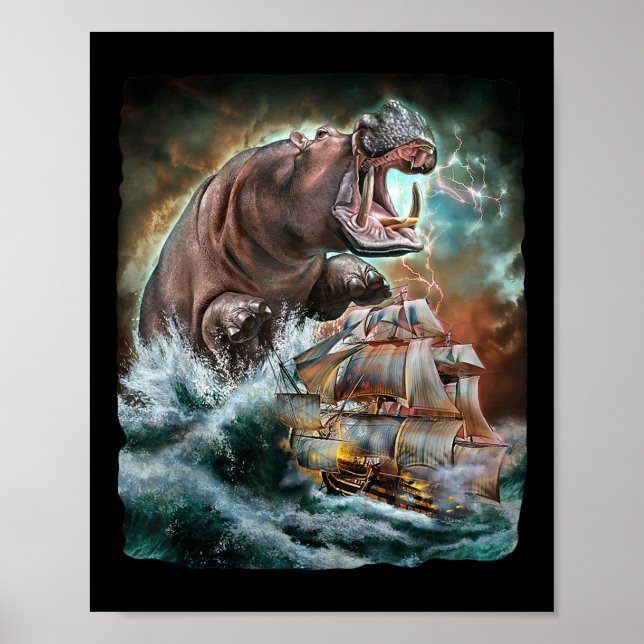 Monster Hippo As Kraken Attack A War Ship At High  Poster (Front)