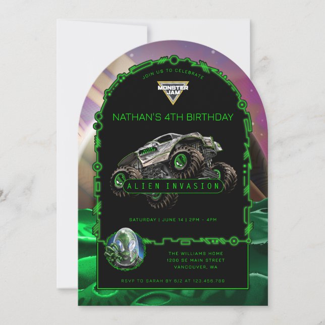 Monster Jam - Alien Invasion Birthday Invitation (Front)