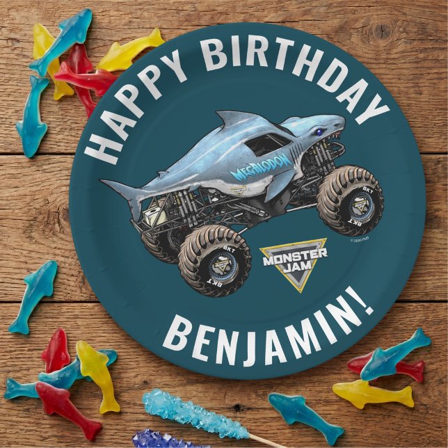 Monster Jam Megalodon Birthday Paper Plate (Paper plate on simulated table)