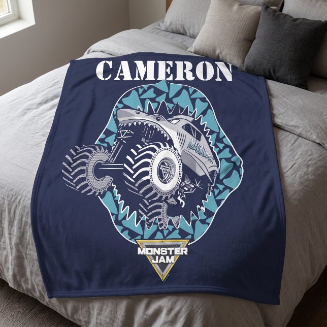 Monster Jam Megalodon - Personalised Fleece Blanket (Simulated blanket on bed)