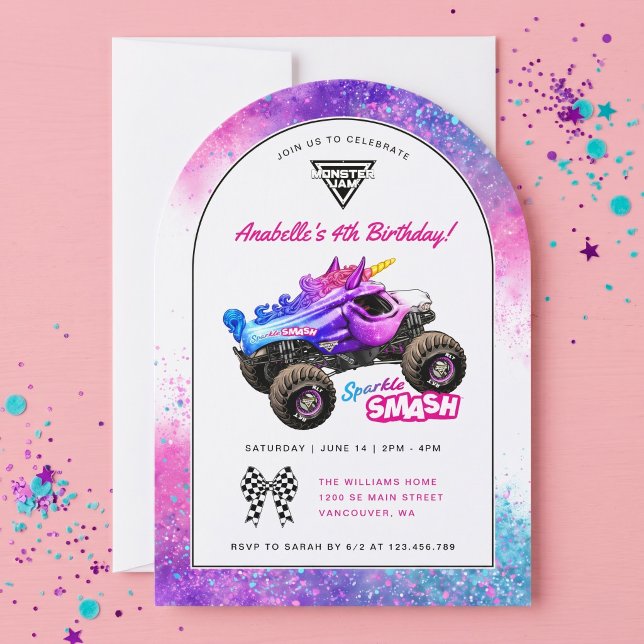 Monster Jam - Sparkle Smash Birthday Invitation (Simulated invitation on table)