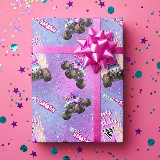Monster Jam - Sparkle Smash Birthday Wrapping Paper (Simulated wrapped gift on table)