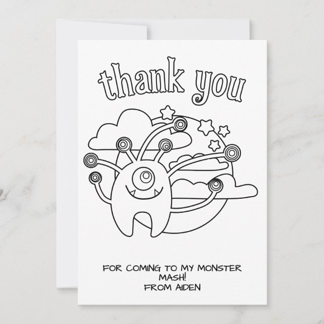 Monster Kids Colouring Card Party Favour Thank You (Front)